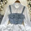Koreansk Seriekläder Återupplivande Tvådelat Set Topp Retro Kort Jeansväst Trendigt Allmatchande Mellanlångt Skjortset