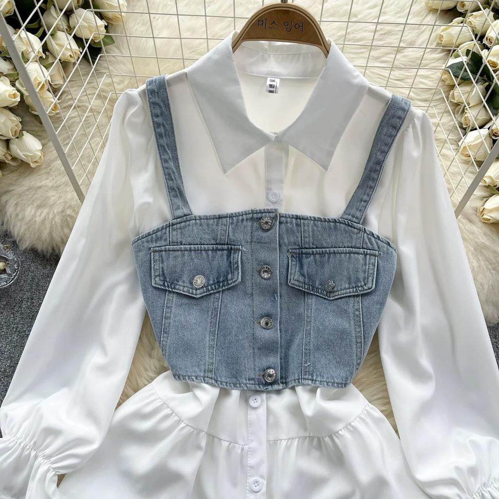 Koreansk Seriekläder Återupplivande Tvådelat Set Topp Retro Kort Jeansväst Trendigt Allmatchande Mellanlångt Skjortset