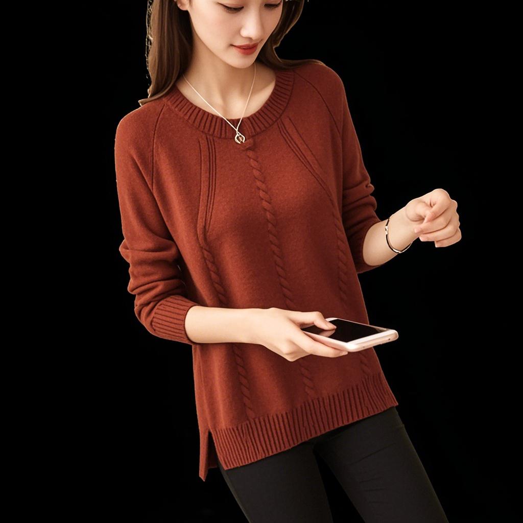 Dámský svetr Volný Módní Jednobarevný Volný Pulovr Ležérní Dlouhý Rukáv Teplý Pletený Svetr
