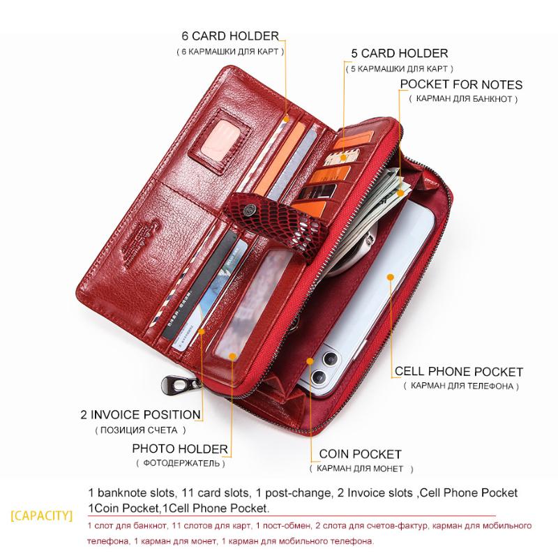 Johnature Fashion Genuie Leather Women Wallet Rfid Anti Theft Soft Cowhide Long Hand Wallet Card Holder Phone Purse