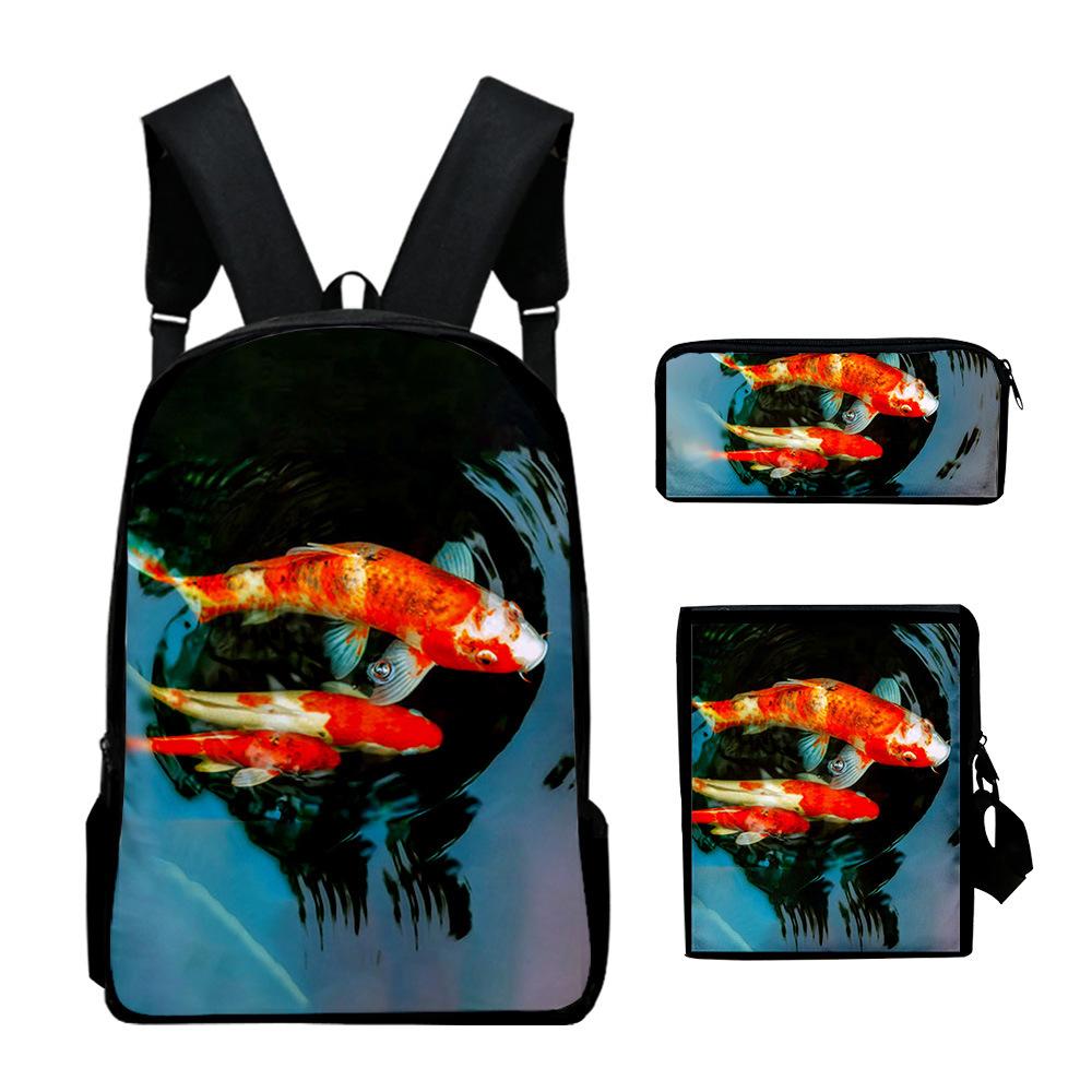 Classic Novelty Cool Koi Carp 3D Print 3pcs/Set Pupil School Bags Laptop Daypack Backpack Inclined Shoulder Bag Pencil Case