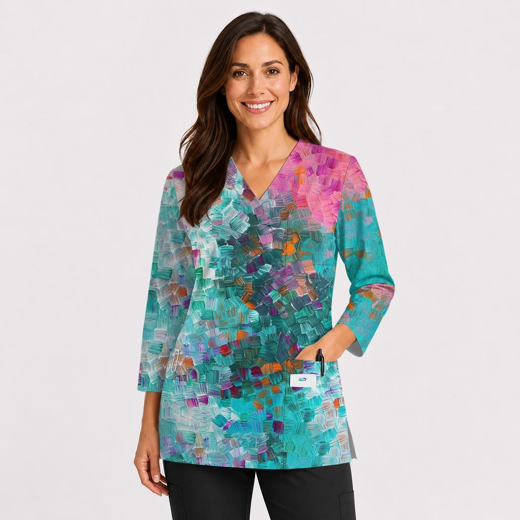 Damen V-Ausschnitt Uniform Top mit Taschen, Seitenschlitzen und 3/4 Ärmeln
