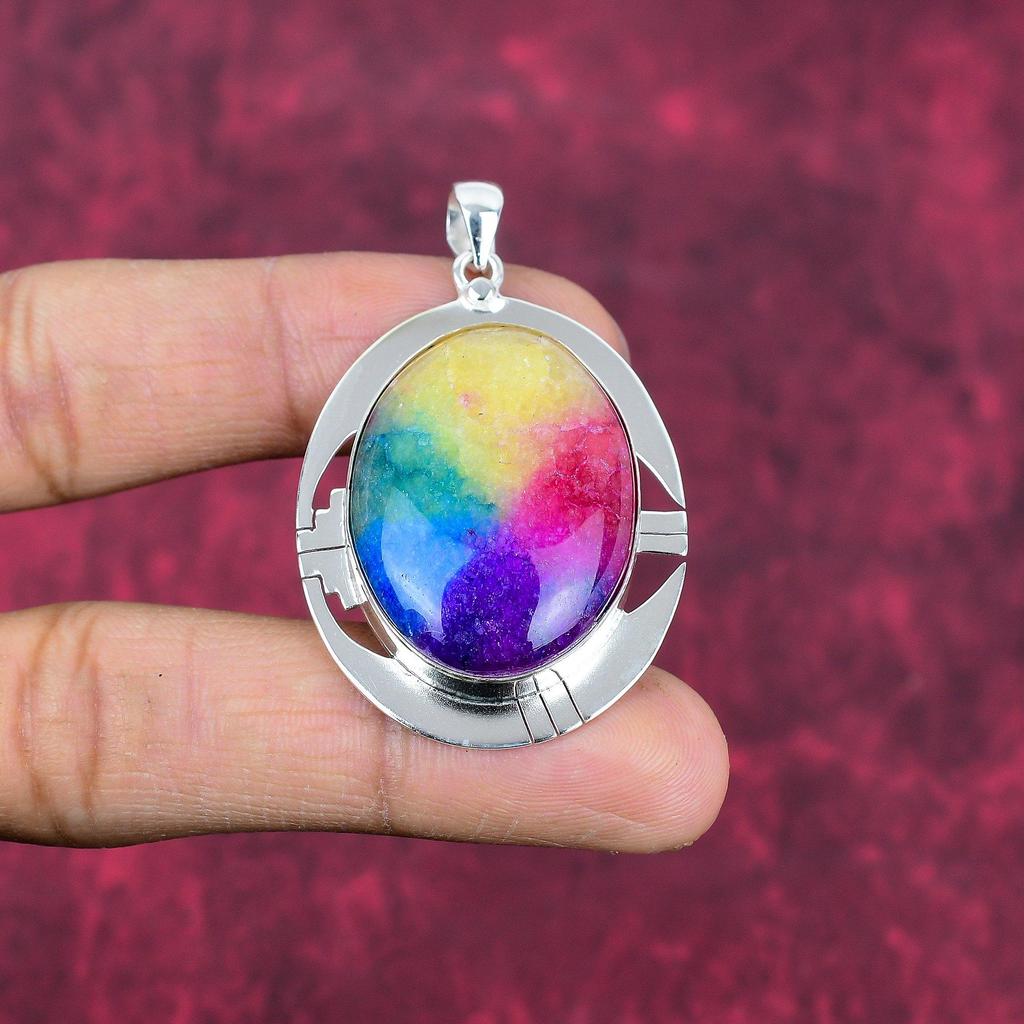 Pendentif en argent sterling massif 925 et quartz solaire arc-en-ciel, bijou fait main en pierres précieuses, cadeau pour femme.