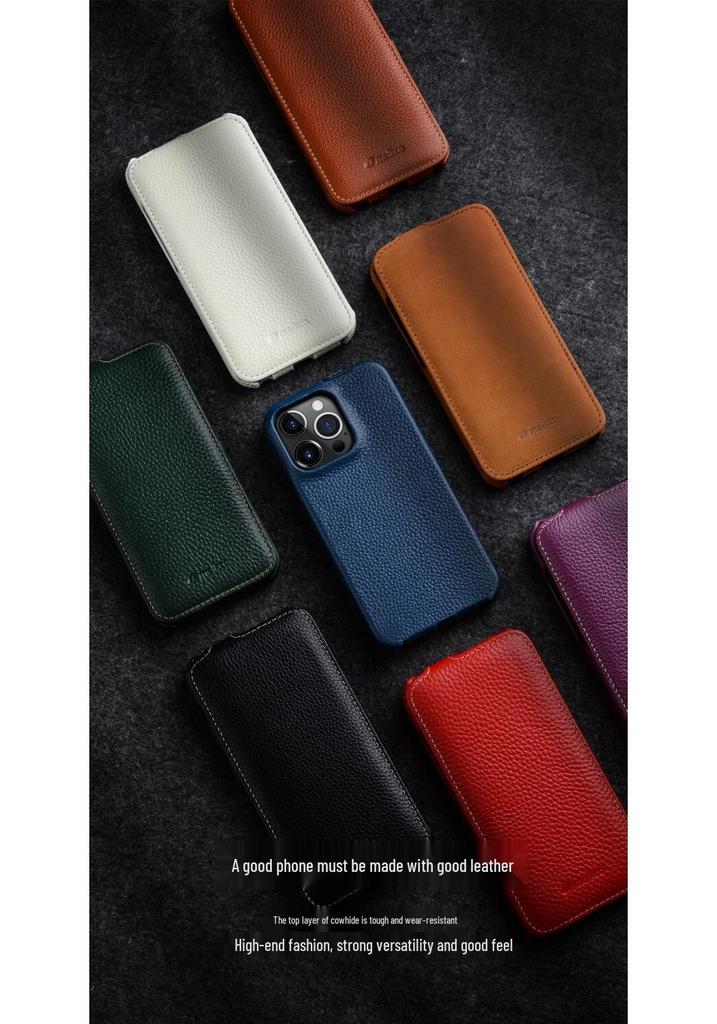 Genuine Leather Flip Cover for Apple iPhone 15 Pro Max, 14 Pro, 13, and 12 Plus