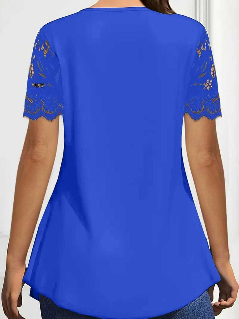 Tunique Élégante Patchwork de Dentelle Couleur Unie Manches Courtes pour Femme Printemps/Été 2026