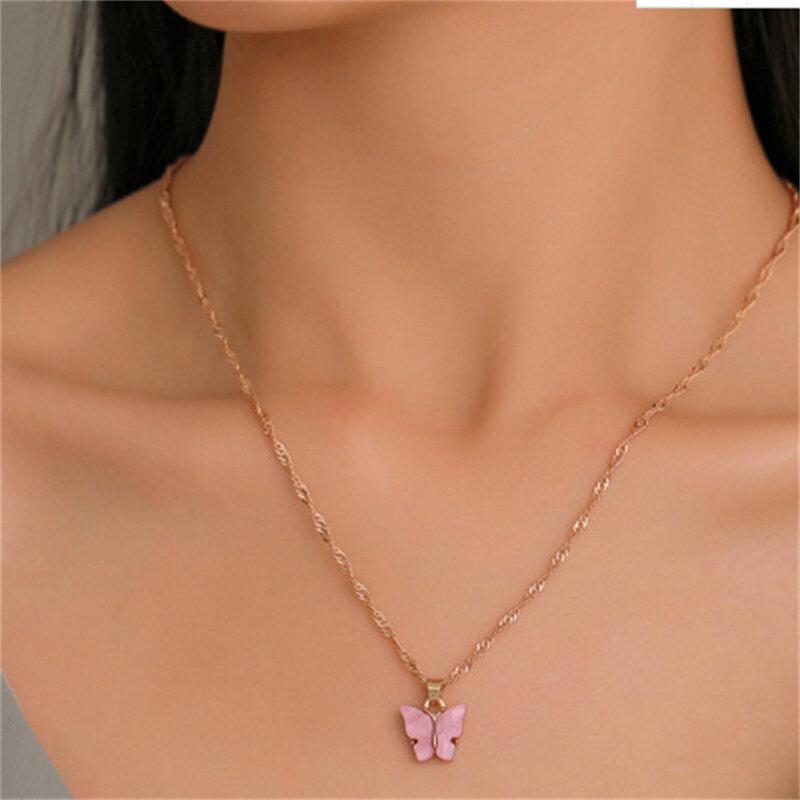Sweet Butterfly Necklace Acrylic Colored Clavicle Chain for Women Refined Chain