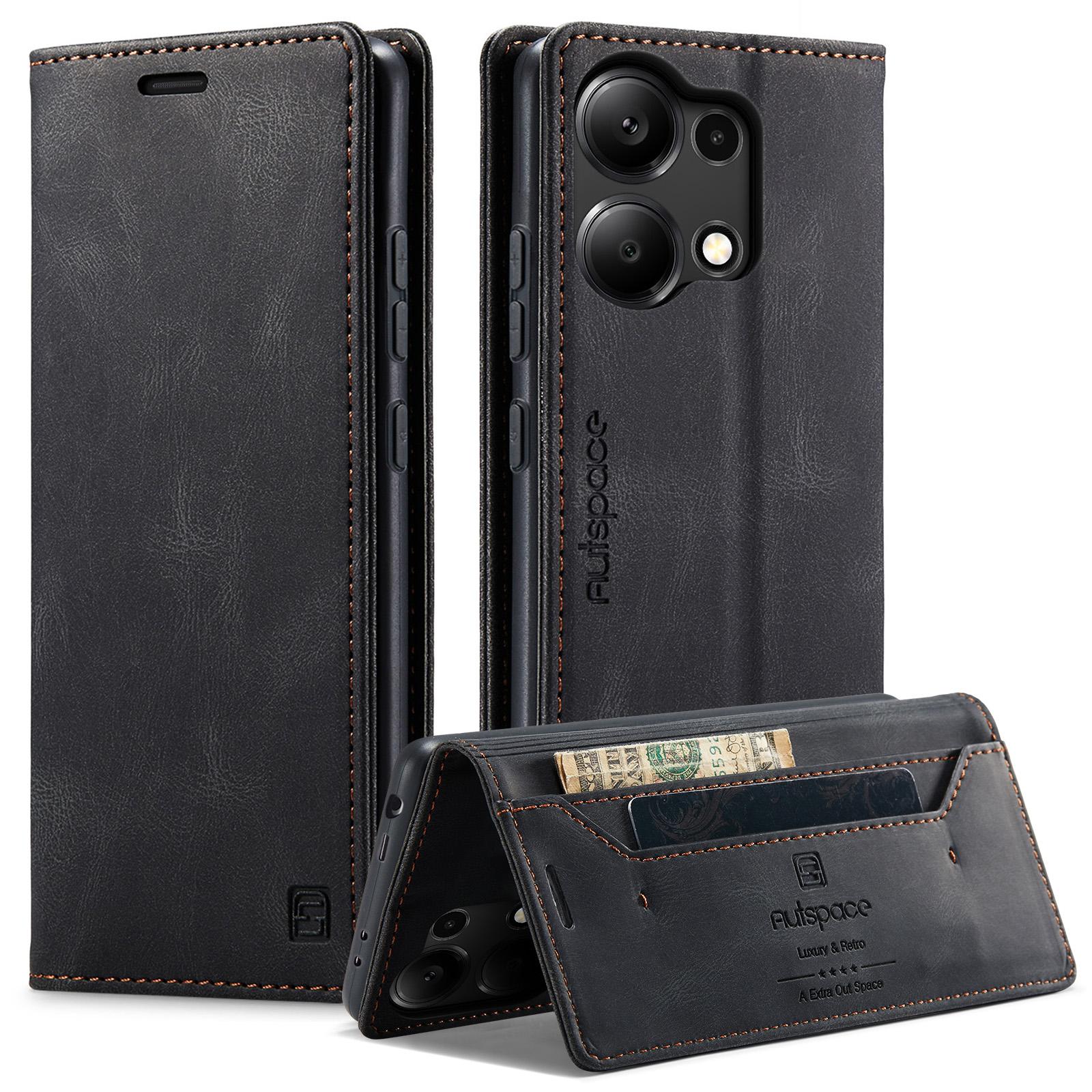 

For Xiaomi Redmi Note 13 Pro 4G Wallet Case AUTSPACE A01 Leather Stand Cover with RFID Blocking Card Holder Black