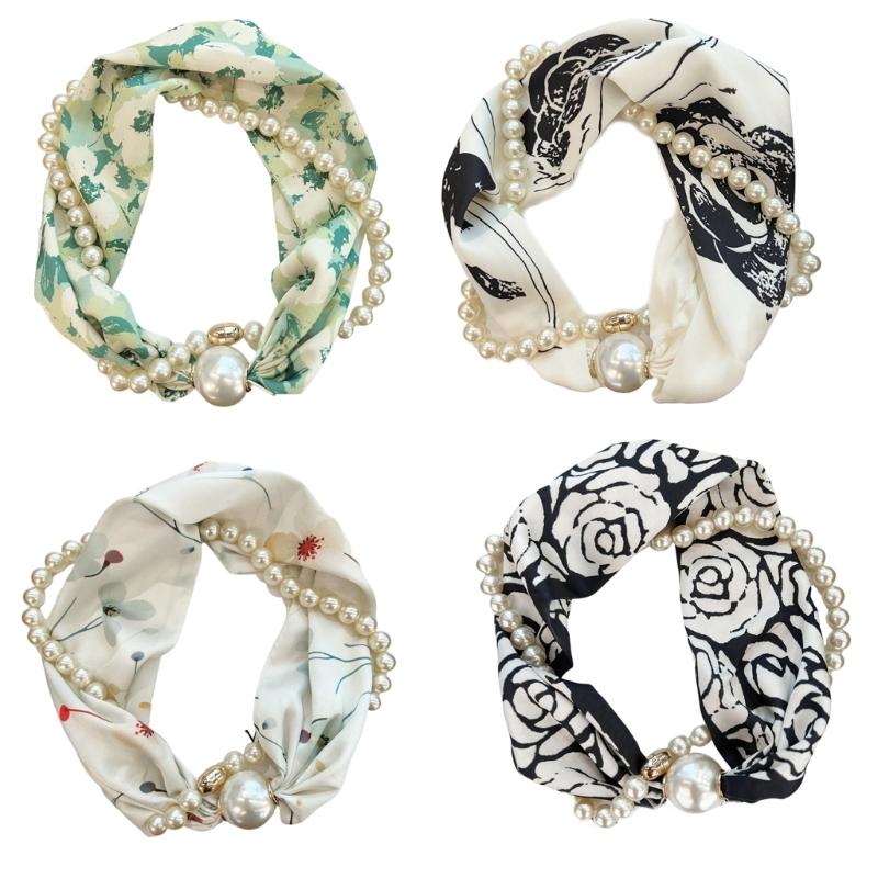 Magnetischer Verschluss Perlenkettenhalskette Florales Satintuch Elegantes Seiden-Schmales Halstuch für Modebewusste Frauen