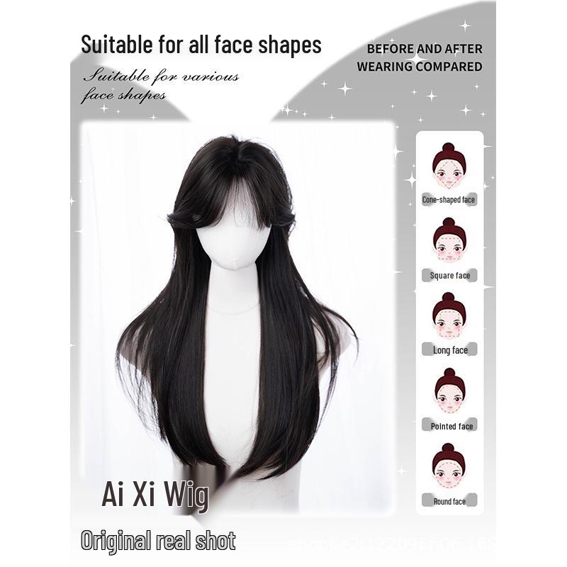 Women's Korean Lolita Style Black Tea Long Straight Wig - Breathable Full Head Middle Part