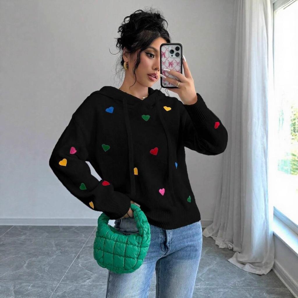 Europe, America autumn and winter women's sweater fashion color love jacquard hooded long-sleeved knitted sweater