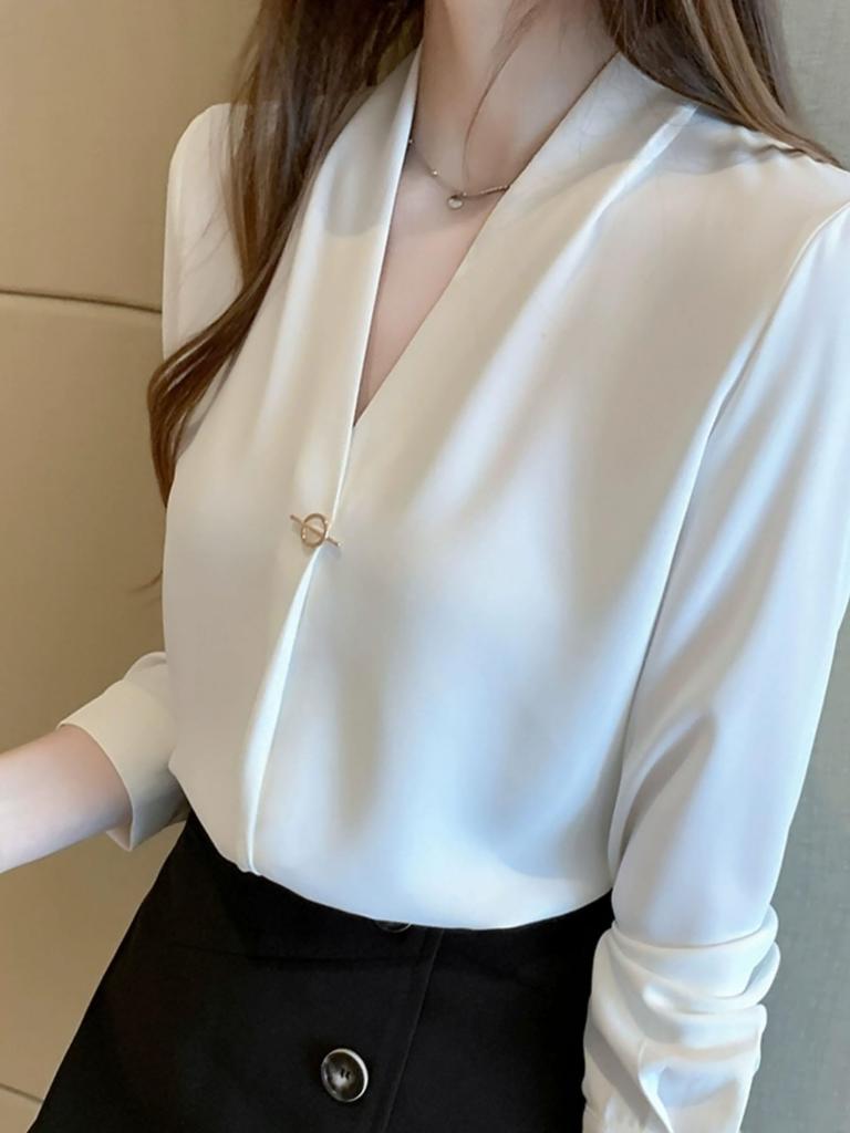 RCL Chiffon Shirt Long Loose Plus No Solid Women's Blouse, Sleeve, V-Neck, Fit, Sizes, Iron, Office/Casual Fashion, Flattering, Color, Breathable,