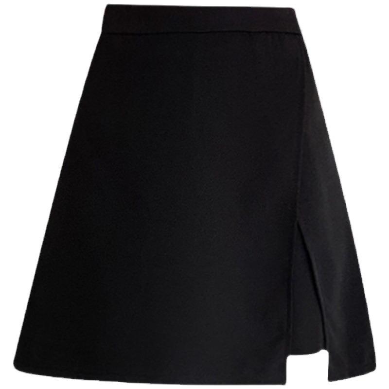 2024 Summer Plus Size High-Waist A-line Skort - Black Midi with Slit