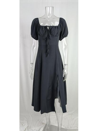 2026 Spring Resort Style Off-the-Shoulder Slit Long Dress: Elegant Lace-Up French Design for Women