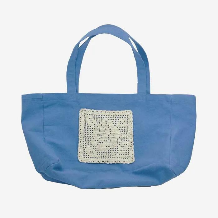 Flower Doily Big Canvas Shopper Bag _ Blue (Flower Doily Circle Knit Handmade Crochet Big Canvas Shopper Bag)