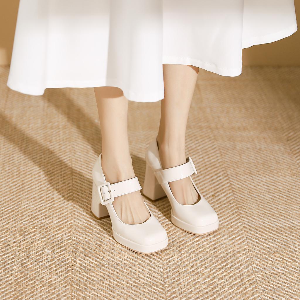 3359-17 Mary Jane Square Head High-heeled Single Shoes, New Light-mouth Buckle Thick-heeled Women's Shoes with Square Buckle Single Shoes