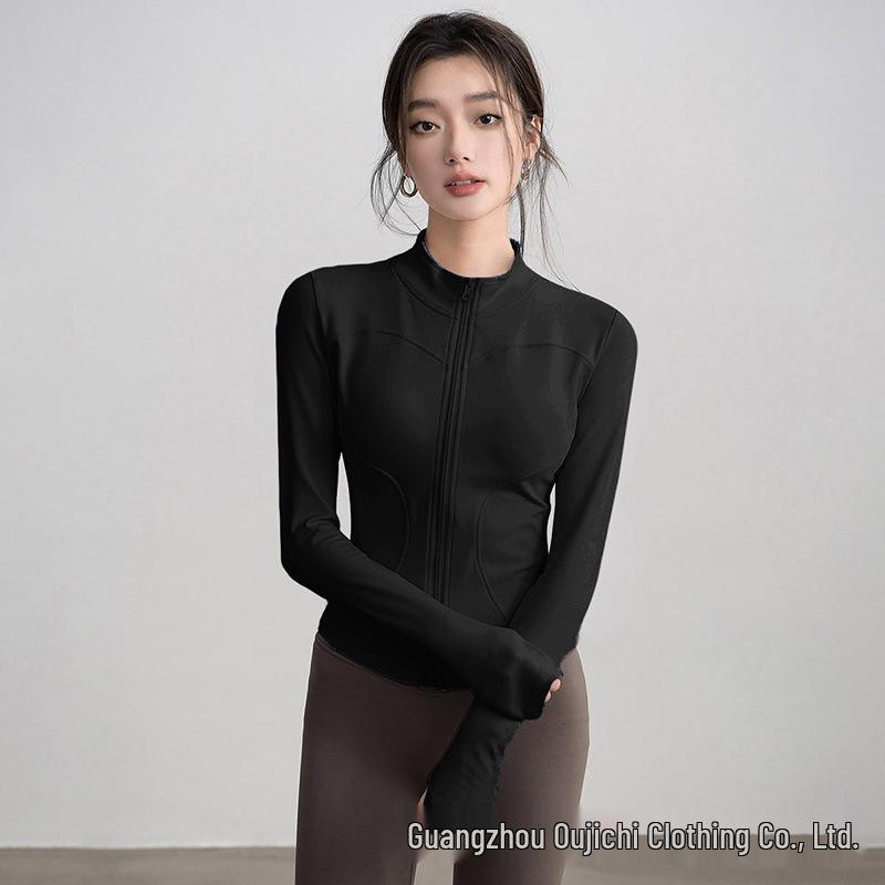 Women's Slim-Fit High Collar Yoga Jacket - Long Sleeve Knit Top for Outdoor Fitness