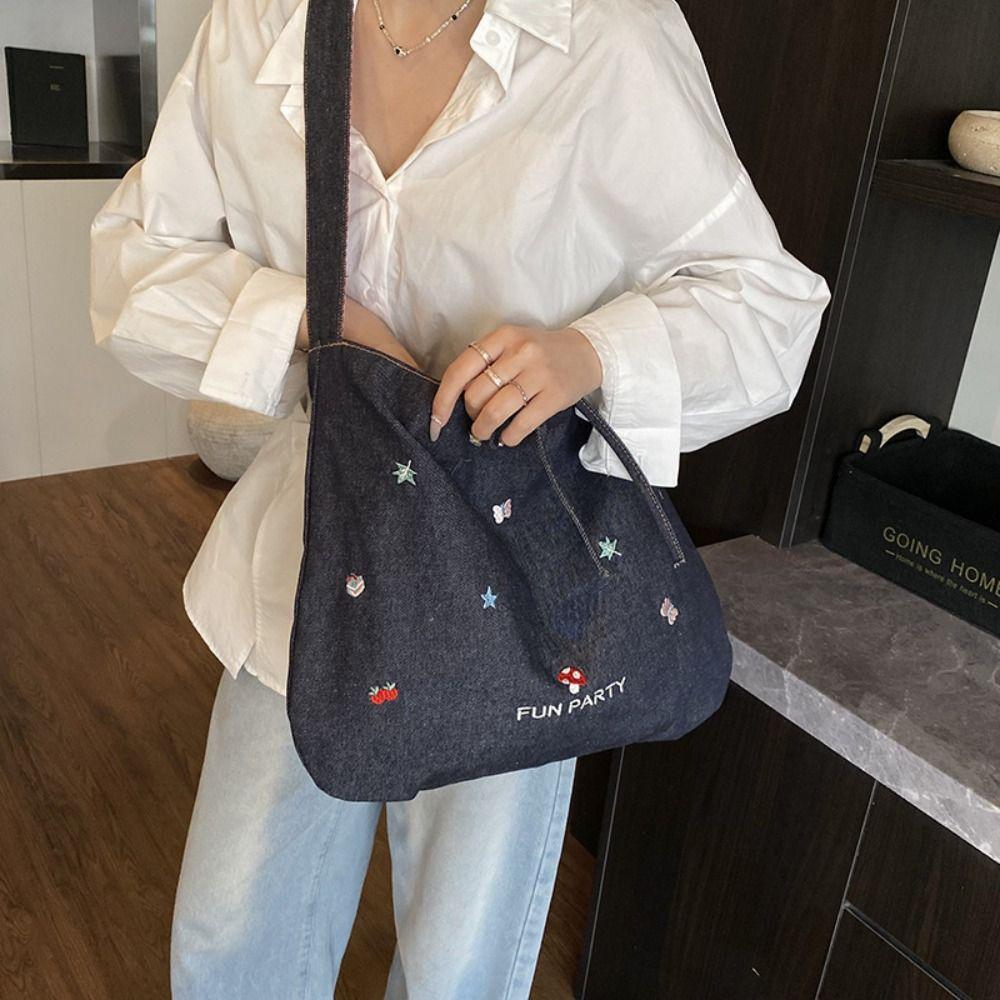 

Korean Style Double Sided Plaid Bag Cartoon Dog Bohemian Messenger Bag Denim Shoulder Bag Outdoor Style A