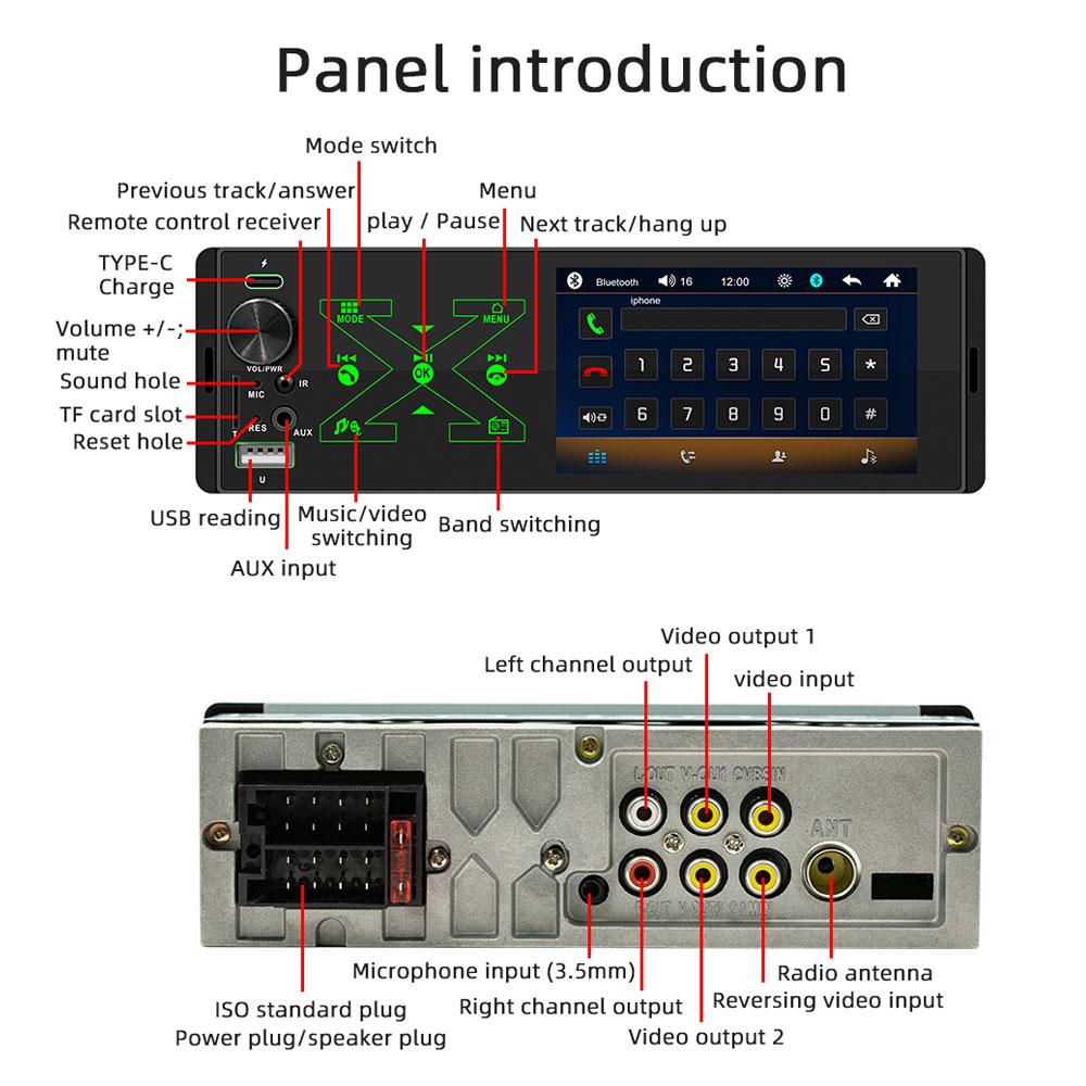 2026 Portable Car Radio Stereo 1 Din 4.1" Touchscreen Bluetooth MP5 Player USB Type-C Charge TF AUX FM RCA Audio 7 Color Lights Vedio Input 60W*4 12V