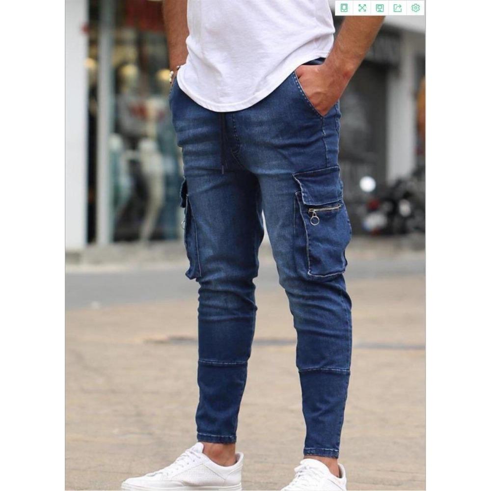 Pánské džíny Street Elastic Jeans Cargo Kalhoty Seprané Jednobarevné Více Kapes Neformální Kalhoty Se Středním Pasem Slim Fit Denní Nošení Joggers