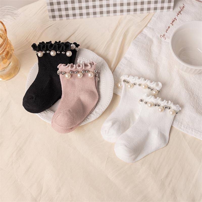 3Pairs/Lot Baby Girls Pearl Socks Spring Autumn Princess Kids Cute Socks Toddler Soft Cotton Lace Short Tube Sock For 0-7Years