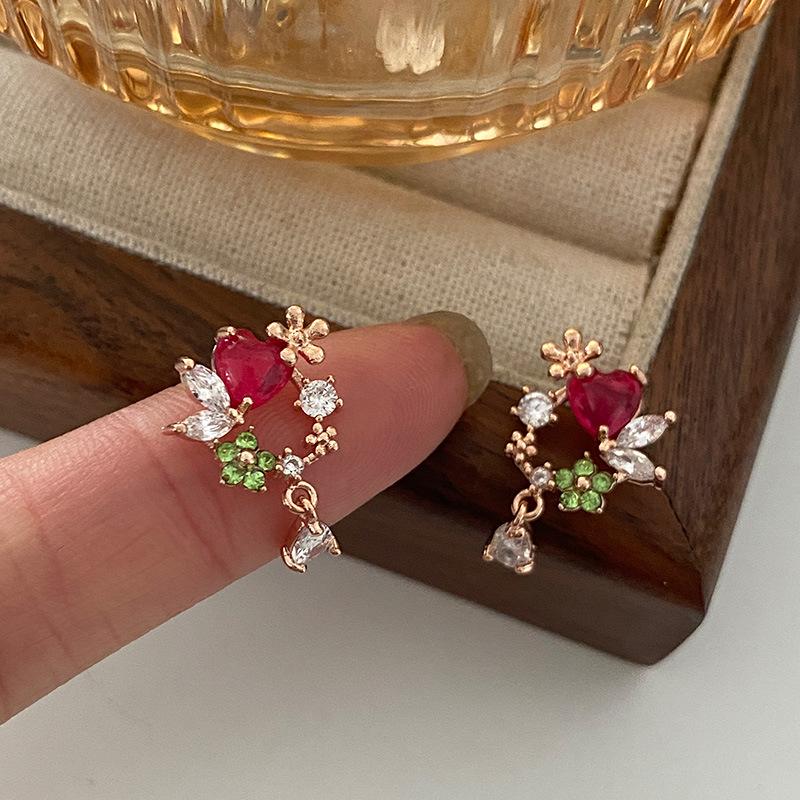 Flower Love Stud Earrings Ankola Red Water Drop Earrings Light Luxury Exquisite High Sense Chinese New Year Zircon Earrings Women