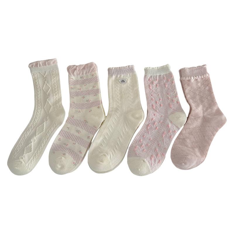 Floral-patterned Socks - Summer Lightweight Cotton Socks in Mid-length, Sweet Lace Stockings, Paired with Small Leather Shoes, Stackable Socks