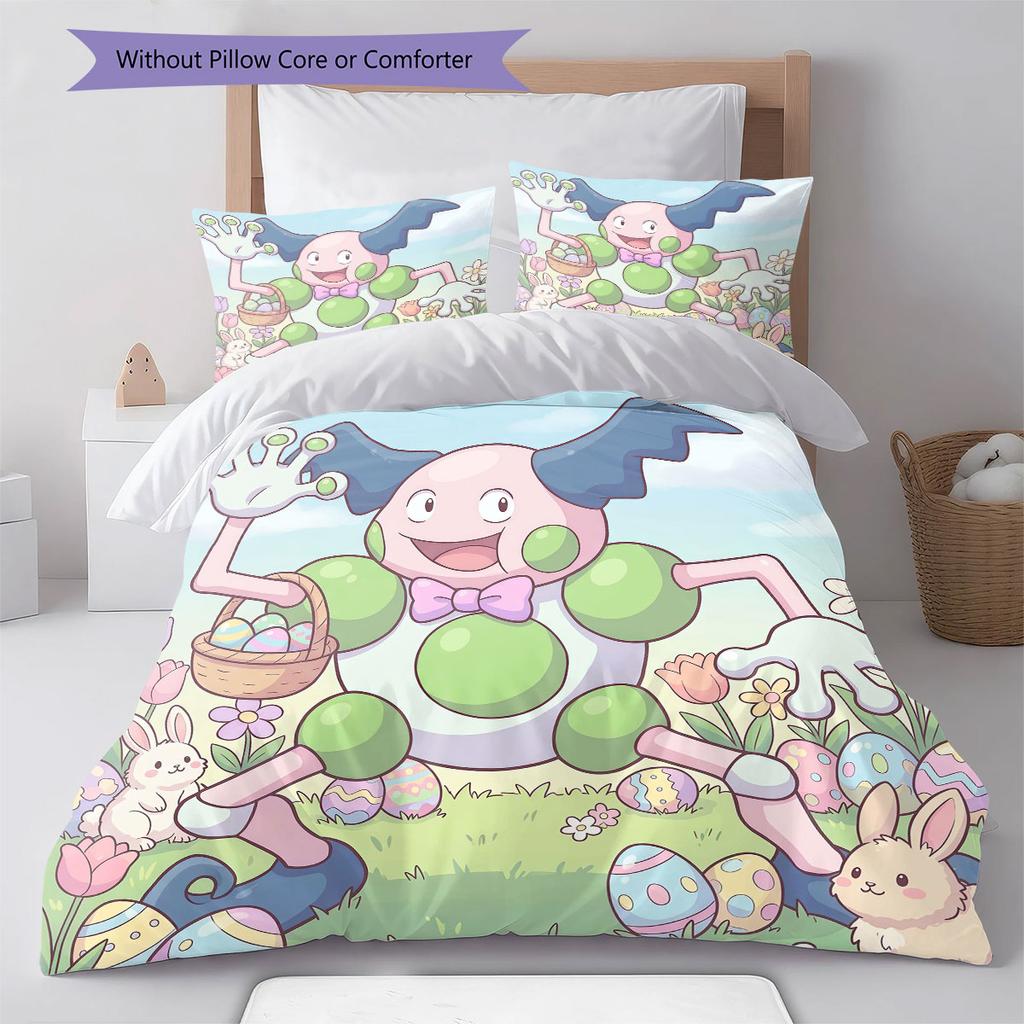 Anime Easter Pokemon Pattern Bedding Quilt Set Quilt Cover Pillowcase Home Decoration Birthday Gift (1 * duvet cover + 2 * pillowcase, without core)
