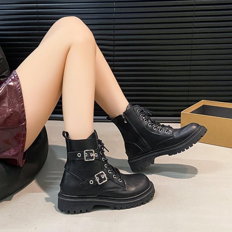 New Boots, Round Toe Thick Heel British Style Small Leather Boots, Metal Buckle Knight Women's Boots