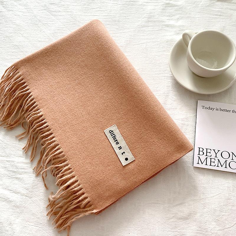 Flowing Fringe, Color-blocked, Simple Design, Faux Cashmere-like Scarf, Winter-thick, Cape-style, Student-friendly, Solid Color.