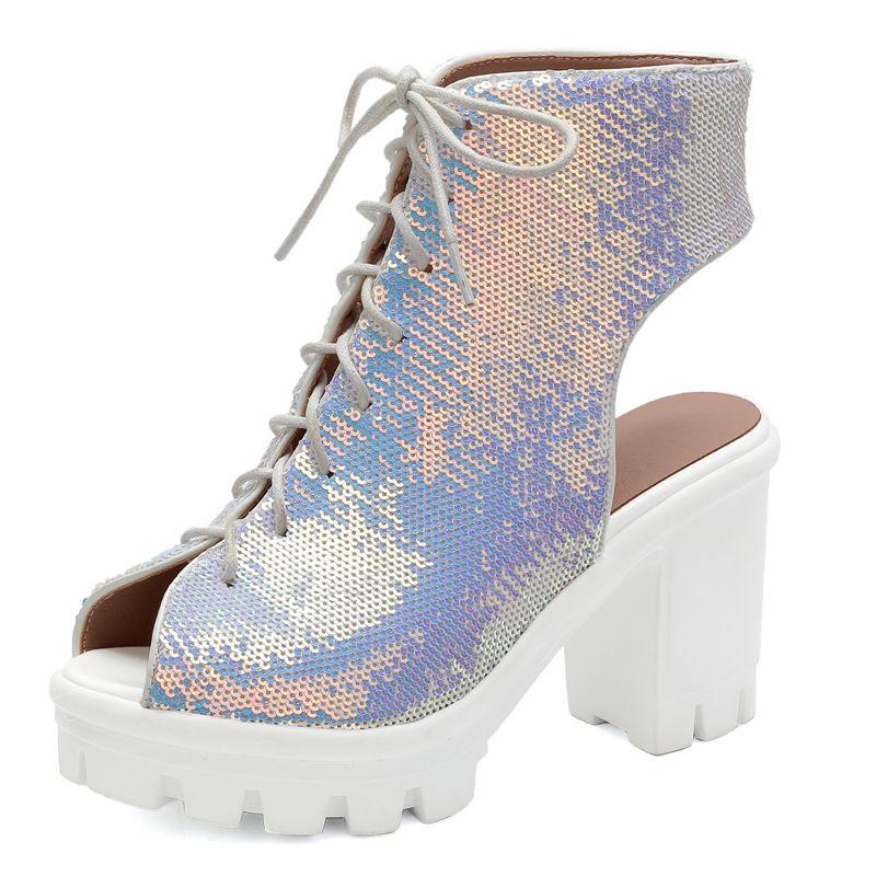 

2025 Новый Дизайн Женские Сандалии Пип-Тоу Массивный Каблук 9см Платформа 3см На Шнуровке Большой Размер 41 42 43 Модная Блестящая Обувь 39 белый