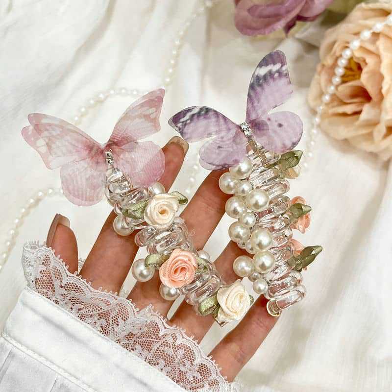 Super Fairy Rose Butterfly Telephone Line Hair Band Female Hair Tie Forest Ponytail Bubble Braid Hair Band Headdress Headband