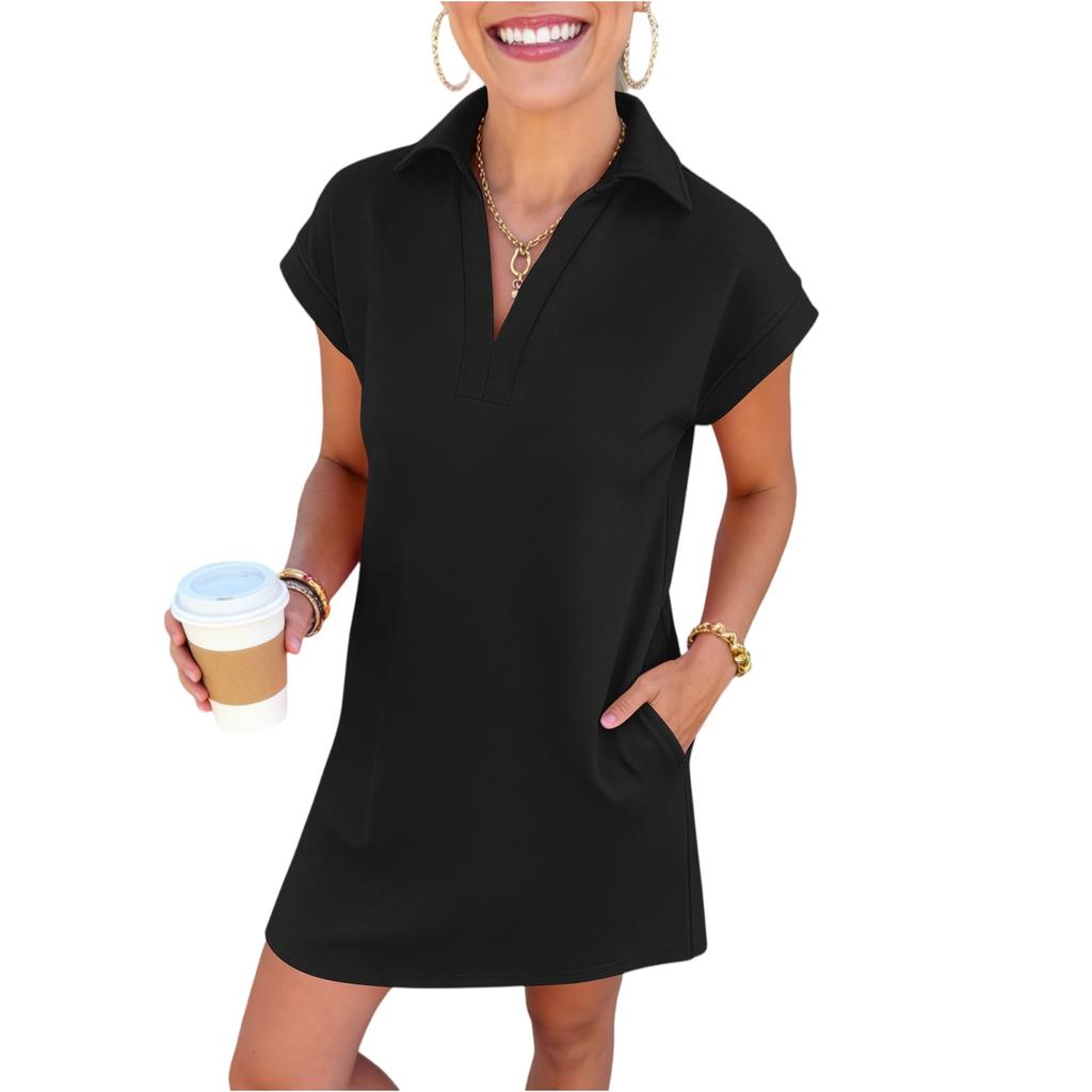 Womens Summer Dresses Uk Collared Short Sleeve Casual Shirt Dress for Ladies Summer Dresses Uk with Pocket Design Summer Dresses for Women Uk