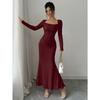 Elegant Sexy Long Sleeved Fishtail Dress Tight Fit Spring Pleated Square Collar Solid Color Party Maxi Long Dresses Evening Spring Bodycon Dress