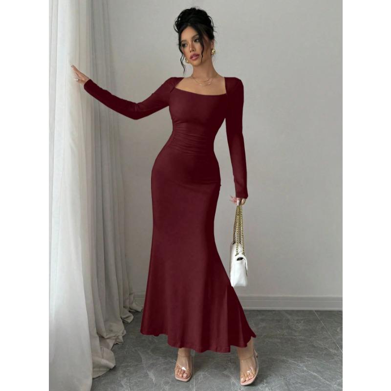 Elegant Sexy Long Sleeved Fishtail Dress Tight Fit Spring Pleated Square Collar Solid Color Party Maxi Long Dresses Evening Spring Bodycon Dress