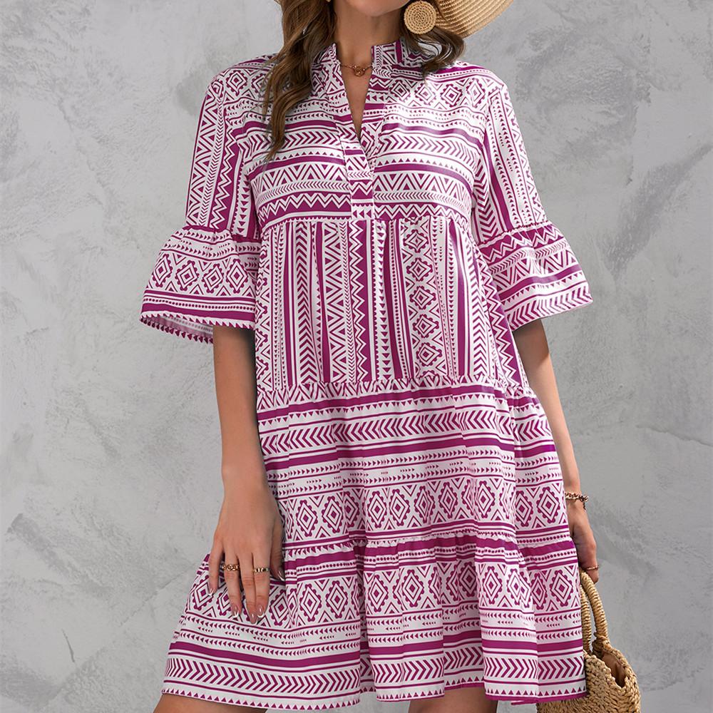 

QICED женские модные летние весенние повседневные платья с короткими рукавами и v-образным вырезом и высокой талией с ромбическим принтом XXL розовый