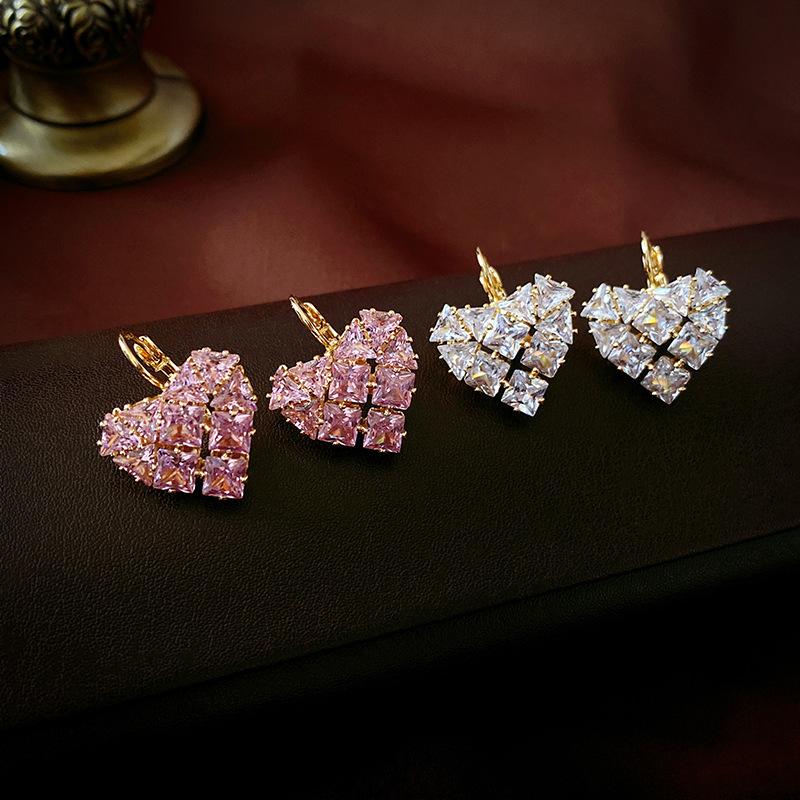 Sweet light luxury zircon love ear buckle earrings French exquisite super flash niche earrings