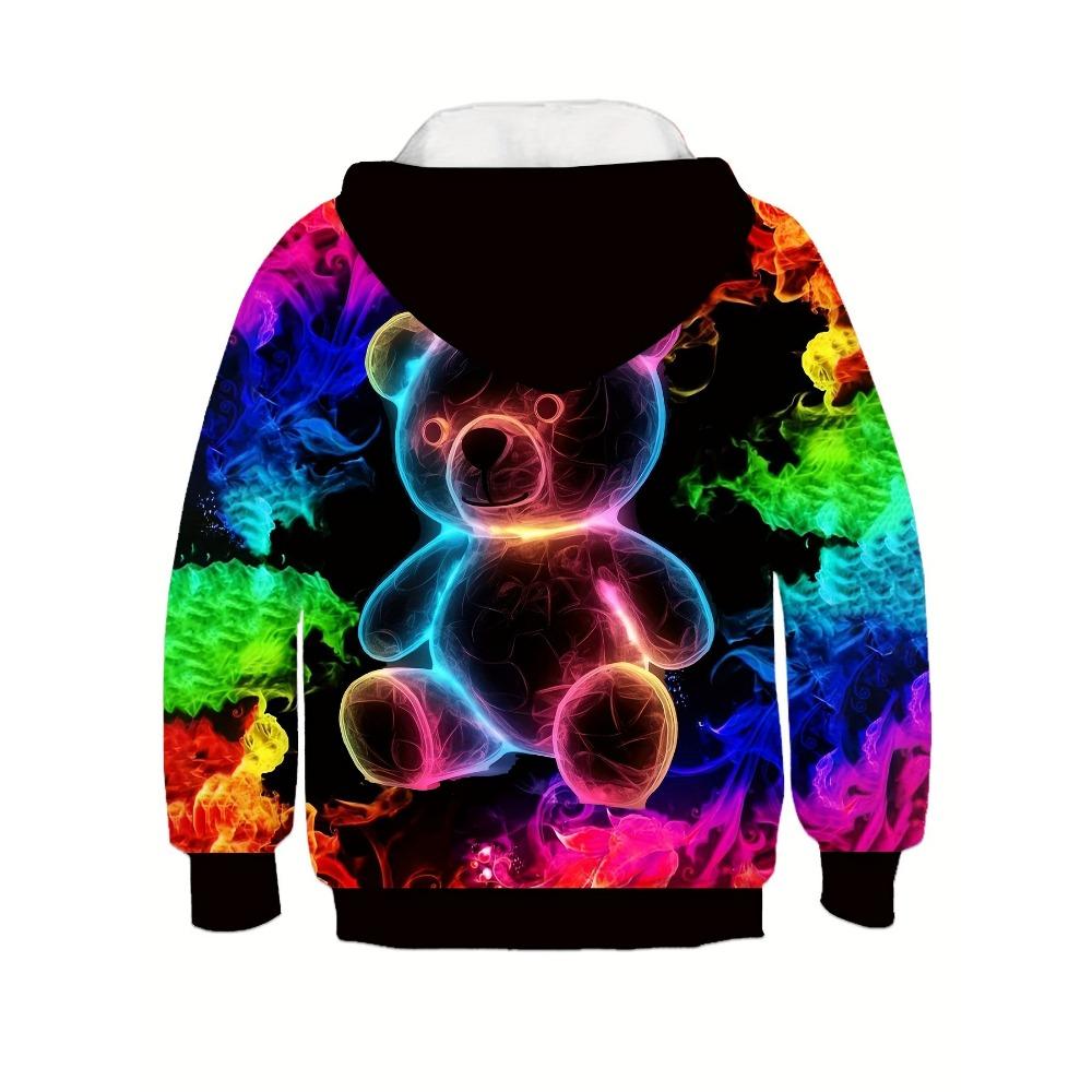 Hanorac cu mânecă lungă la modă pentru fete - imprimeu grafic cu urs și flăcări pline de culoare, îmbrăcăminte ocazională, perfectă pentru școală sau activități în aer liber