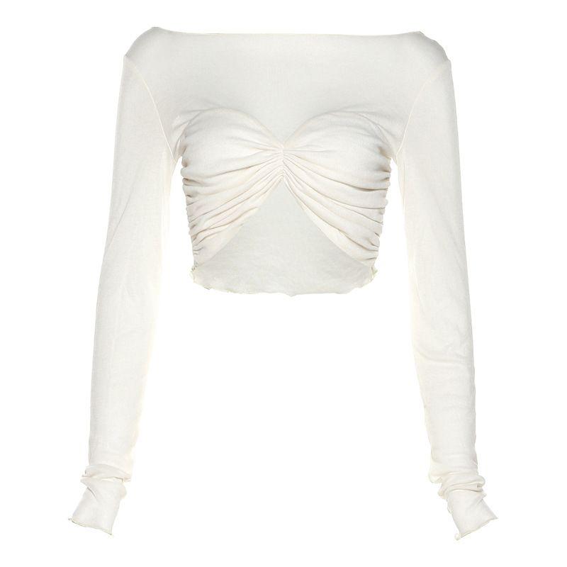 

Long Sleeve Round Neck Open Umbilical T-shirt Long Sleeve round Neck Midriff-Baring T-shirt Apricot color S