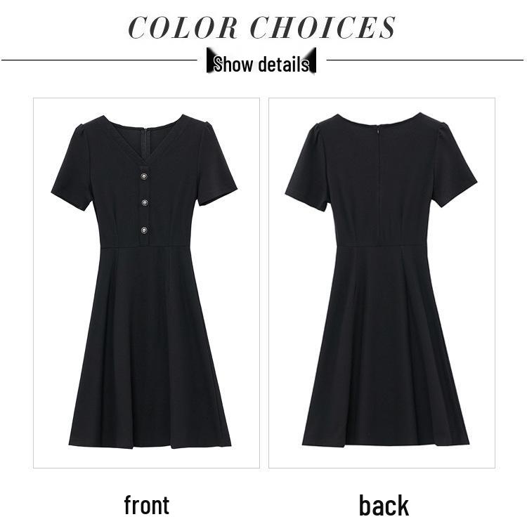 Summer 2026 Hepburn-Style V-Neck Slimming Little Black Dress with Puff Sleeves
