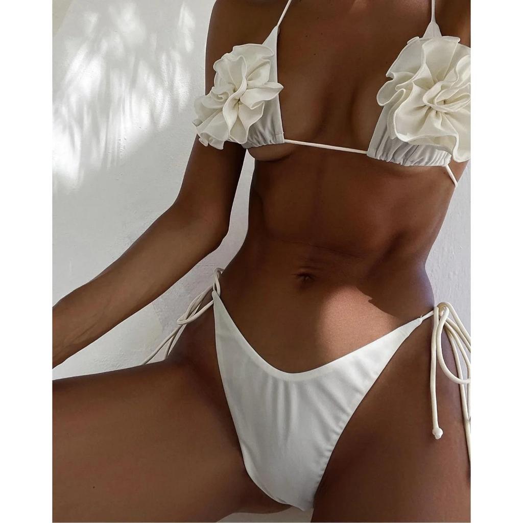 Sexy branco micro bikini 2024 feminino maiô feminino tanga biquinis conjunto brasileiro halter beach wear rendas até maiô