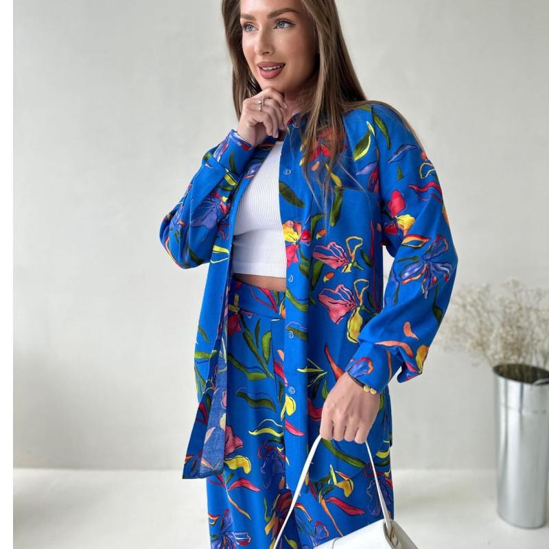 2024 Bright Print Plus Size Tie-Up Shirt & Straight-Leg Pants Set