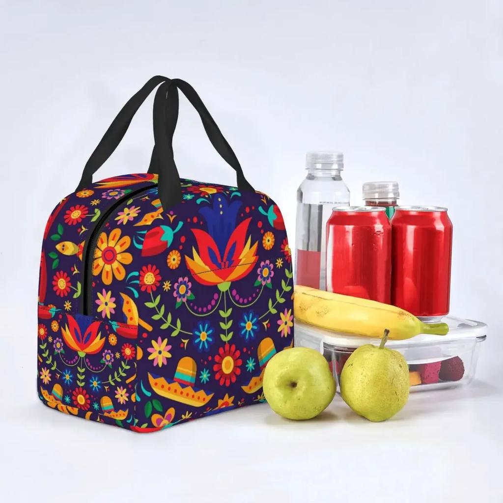 Mexican Floral Flowers Thermal Insulated Lunch Bag Women Mexico Portable Lunch Container for School Office Outdoor Food Box