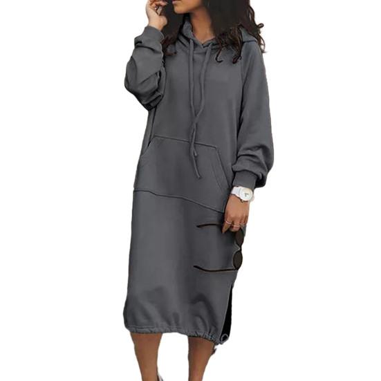 Women's Hooded Long-sleeved Sweatshirt Dress Front Sleeve Side Cleft Lined Sweatshirt Dress