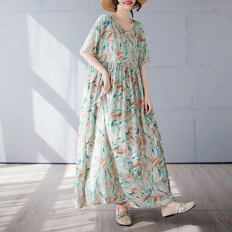 Women's Simple and Fashionable Long Skirt, Short Sleeved Round Neck Printed Dress