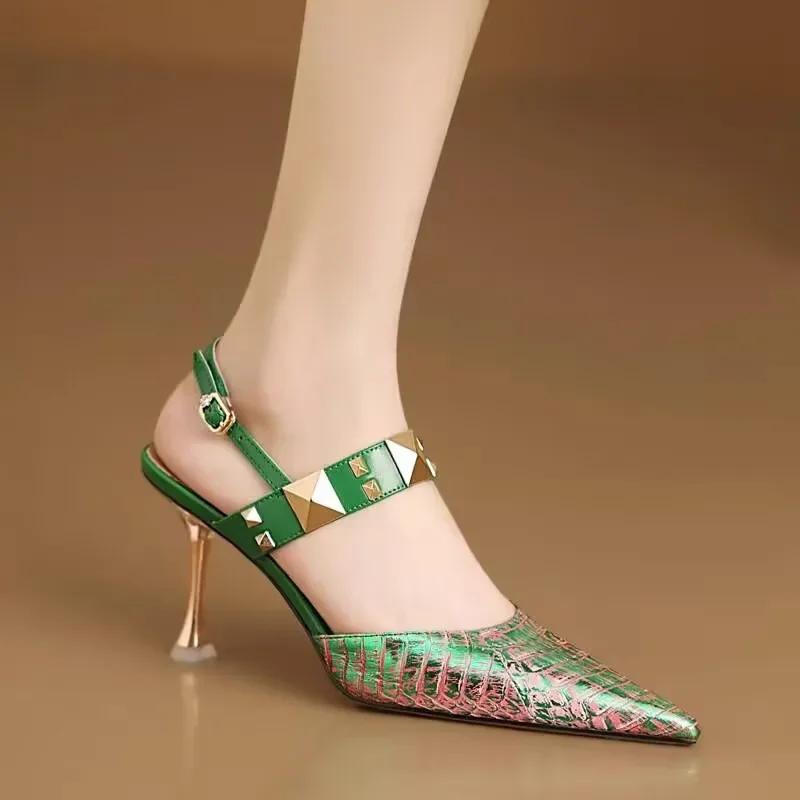 2025 Women's High Heels Plus Size Party Pumps Women Rivet Pointed Toe Buckle Strap Thin Heels Sandals Shoes for Women Zapatos