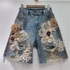 2026 Summer Ripped Denim Patchwork Shorts with Lace and 3D Floral Art