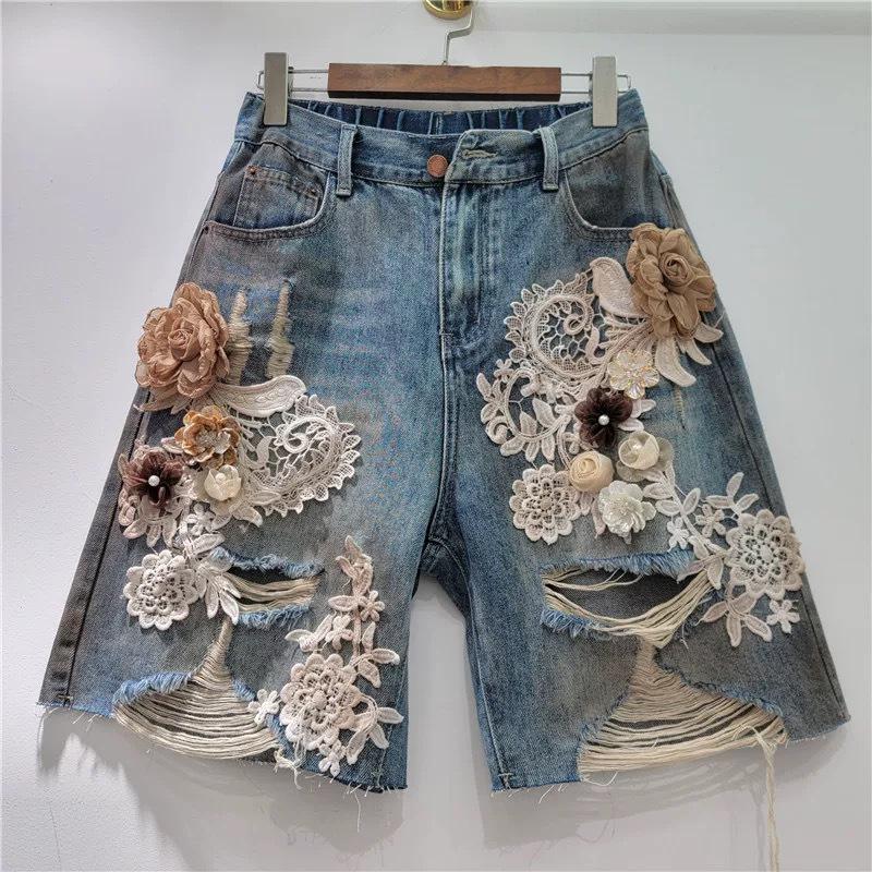2026 Summer Ripped Denim Patchwork Shorts with Lace and 3D Floral Art