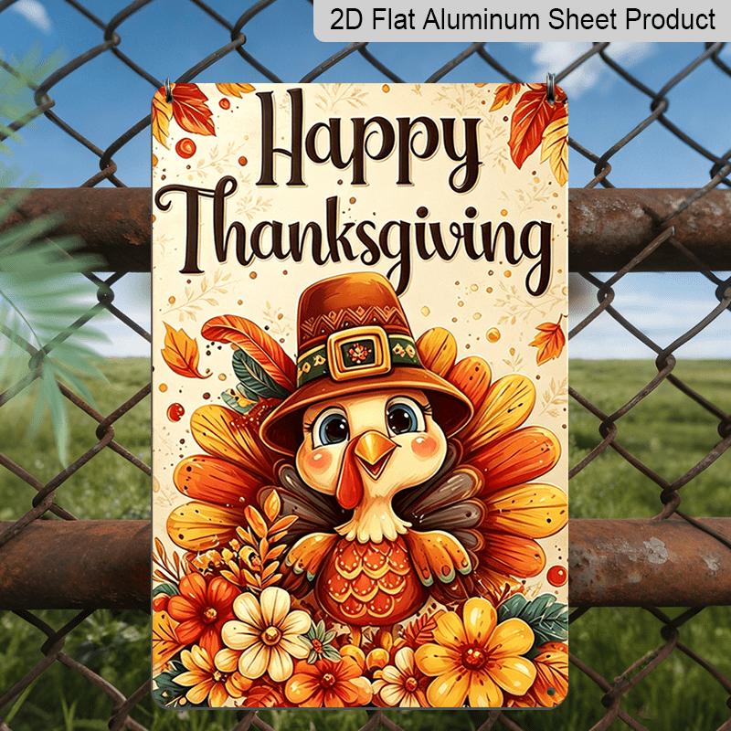 2D Flat, 1pc Thanksgiving Cartoon Bird Floral Aluminum Decorative Sign & Plaque, Thanksgiving Party Wall Decor, Dining Room Wall Art, Kitchen