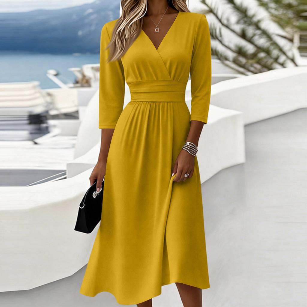 Women V Neck Midi Dress with Three Quarter Sleeves Back Zipper Closure Solid Pattern Casual Fit for Daily Wear Office Events