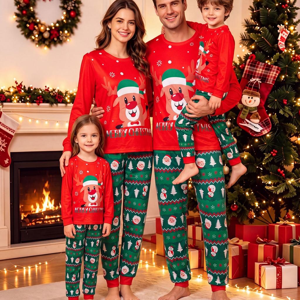 New European and American parent-child clothing, whole family clothing, autumn and winter Christmas, a family of three and four loungewear set pajamas